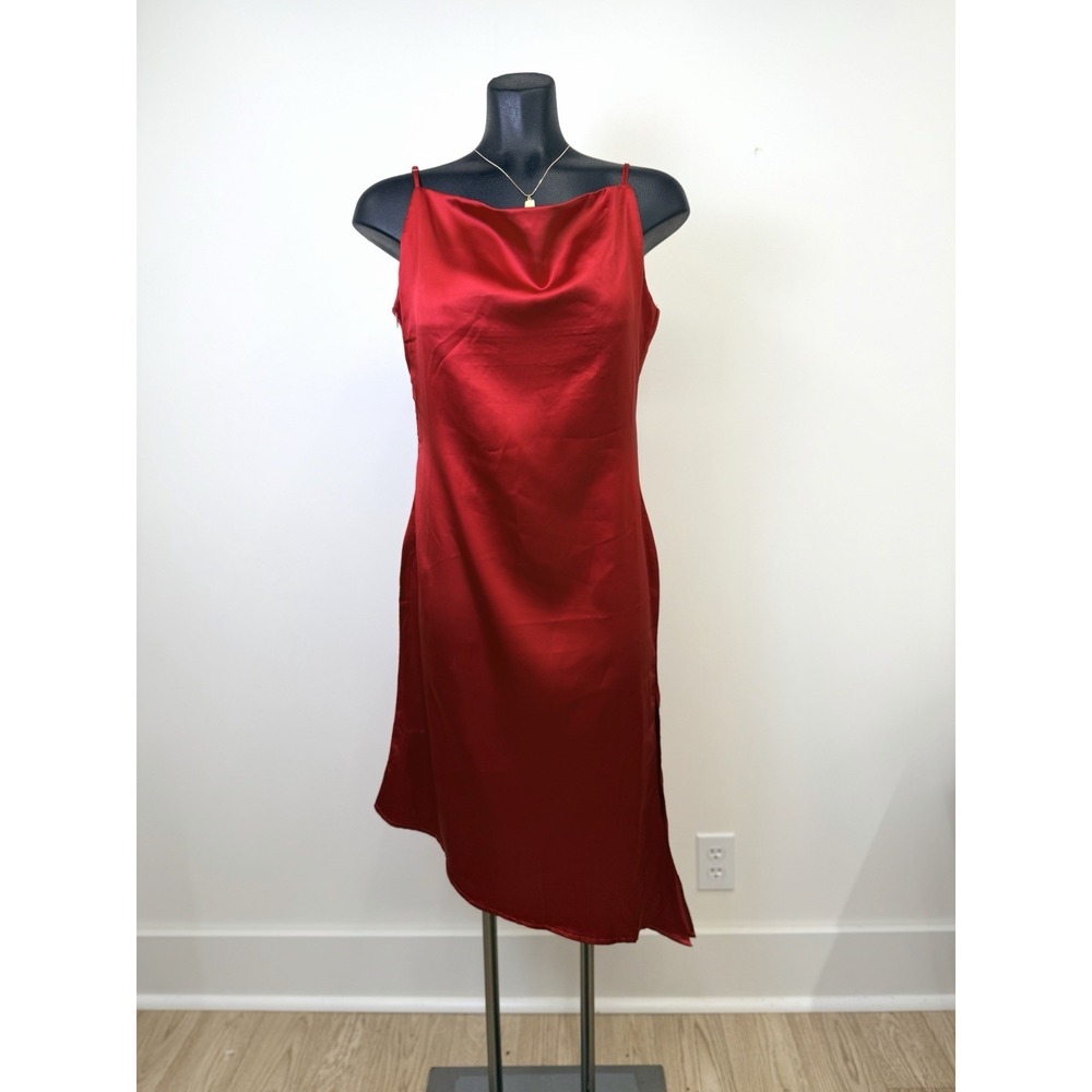 Red Satin Slip Dress M 8/10 Asymmetrical Hem Cowl Neck Spaghetti Strap Midi
